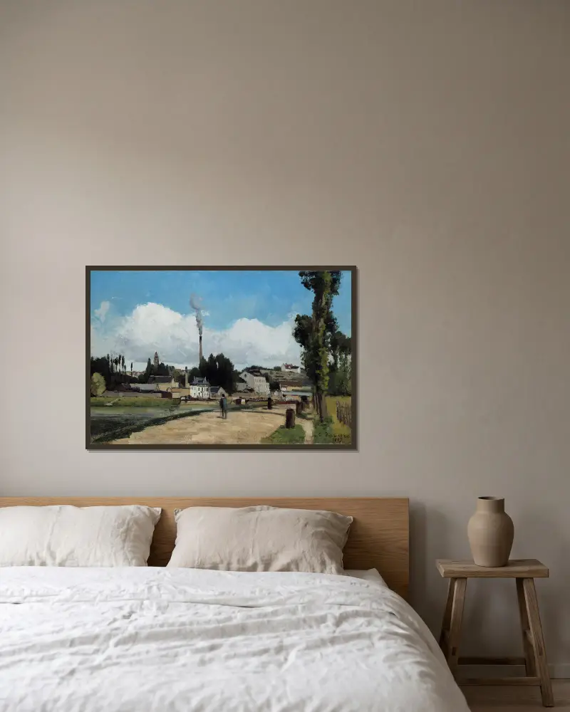 Oises stränder vid Pontoise av Camille Pissarro inramad på en vägg