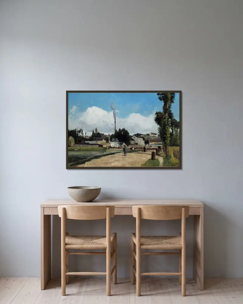 Oises stränder vid Pontoise av Camille Pissarro inramad på en vägg