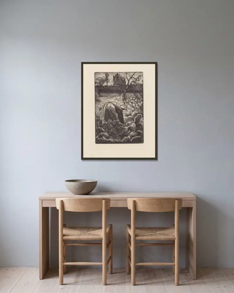 Kvinna i en köksträdgård av Camille Pissarro inramad på en vägg