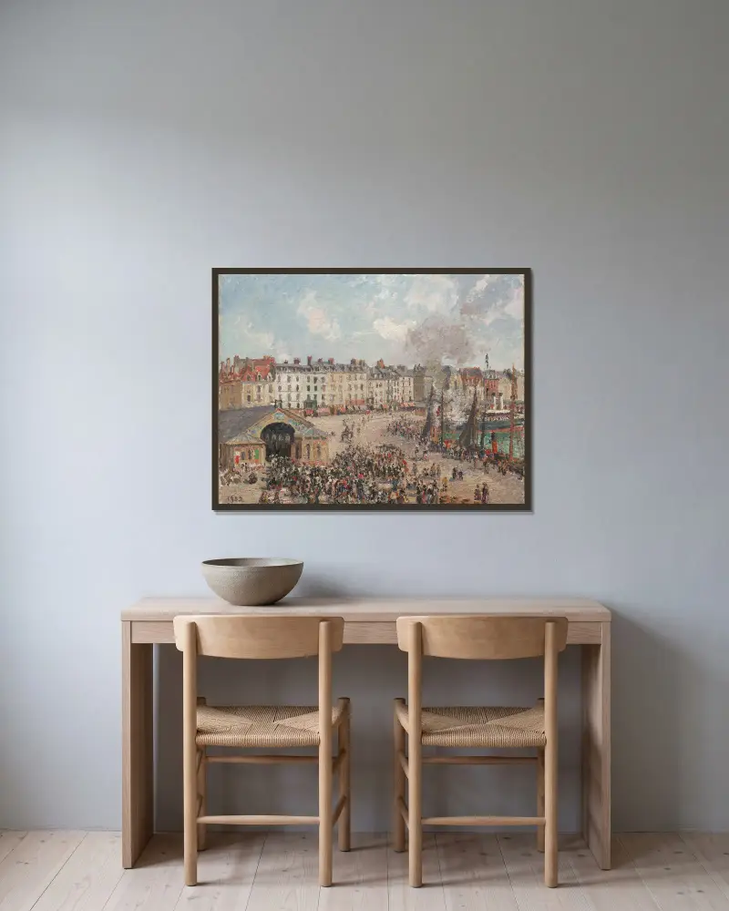 Fishmarket av Camille Pissarro inramad på en vägg