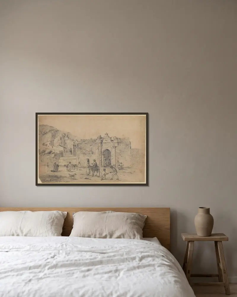 Folkeliv utanför en stadsport av Camille Pissarro inramad på en vägg