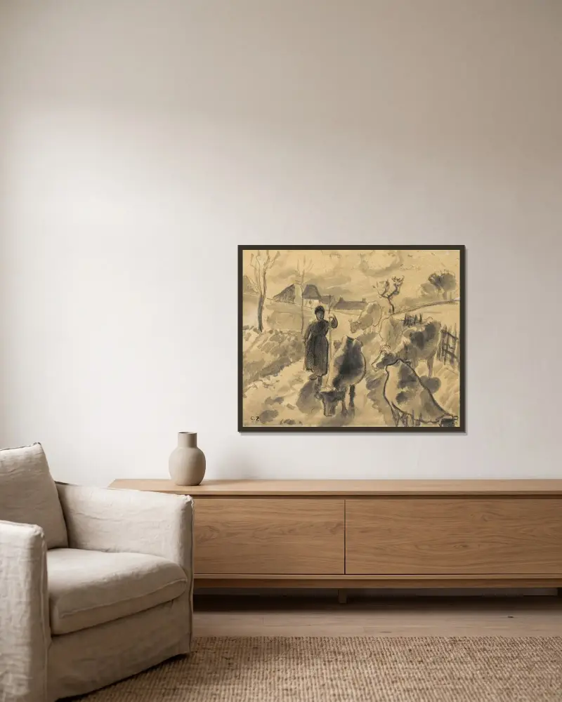 Flicka driver en hjord kor längs en väg av Camille Pissarro inramad på en vägg