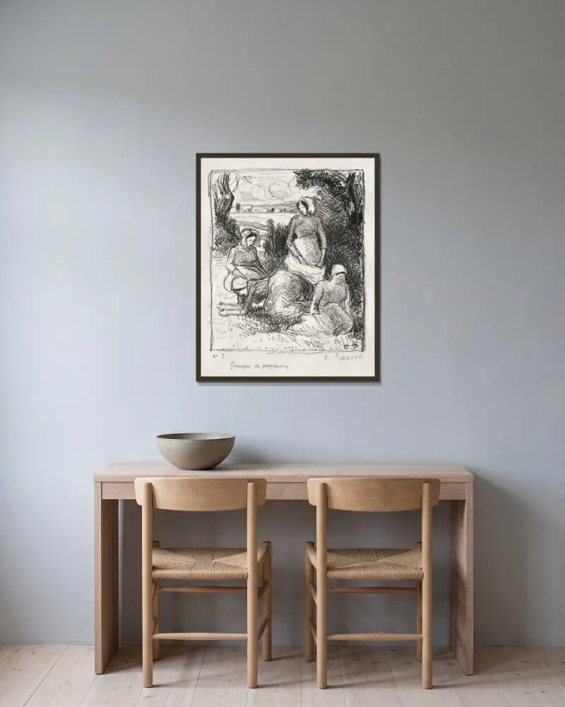 Grupp av bönder av Camille Pissarro inramad på en vägg
