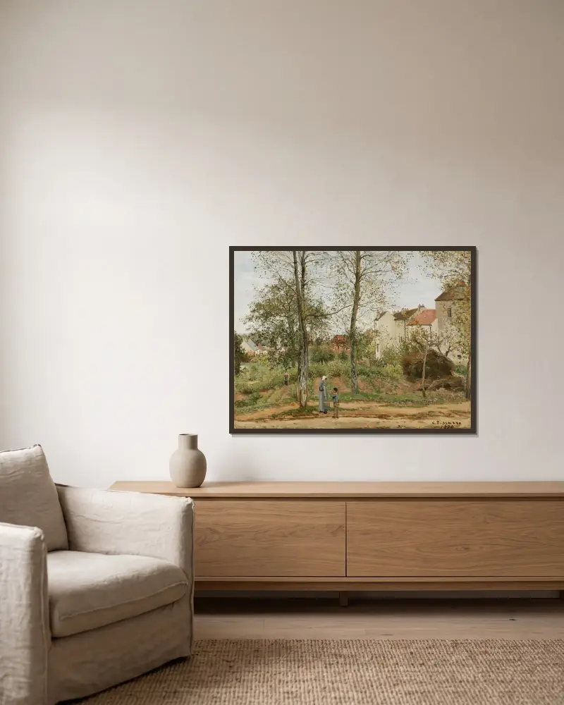 Hus i Bougival (höst) av Camille Pissarro inramad på en vägg