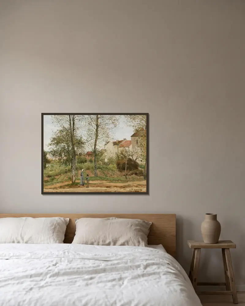 Hus i Bougival (höst) av Camille Pissarro inramad på en vägg