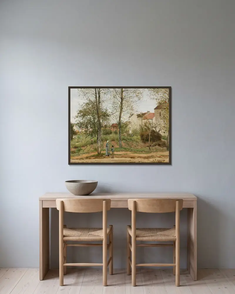 Hus i Bougival (höst) av Camille Pissarro inramad på en vägg