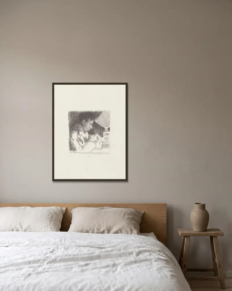 Ung man som skriver (porträtt av Rodo) av Camille Pissarro inramad på en vägg