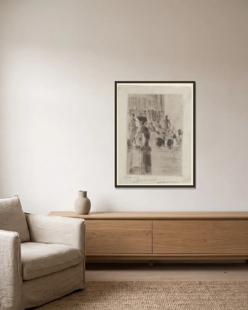 Das Dienstmädchen beim Einkauf von Camille Pissarro gerahmt an einer Wand