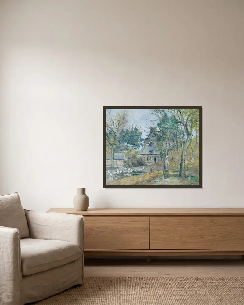 Gården i Montfoucault av Camille Pissarro inramad på en vägg