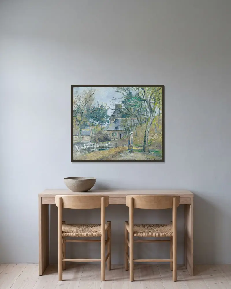 Gården i Montfoucault av Camille Pissarro inramad på en vägg