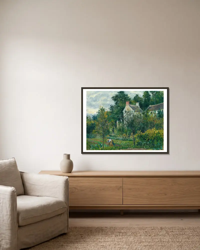 Huset Rondest och dess trädgård i L'Hermitage, Pontoise av Camille Pissarro inramad på en vägg
