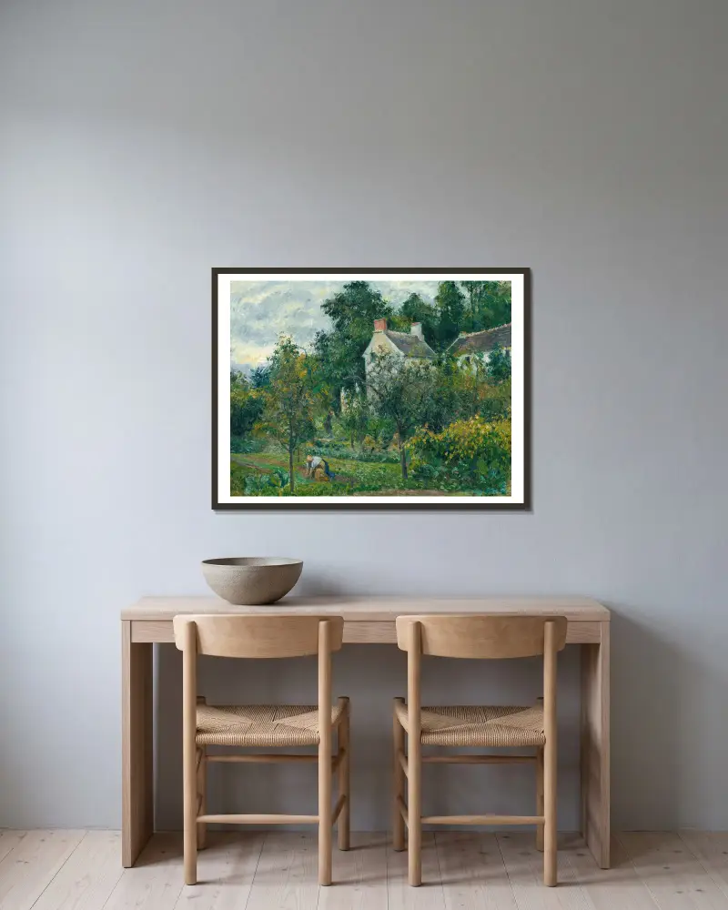 Huset Rondest och dess trädgård i L'Hermitage, Pontoise av Camille Pissarro inramad på en vägg