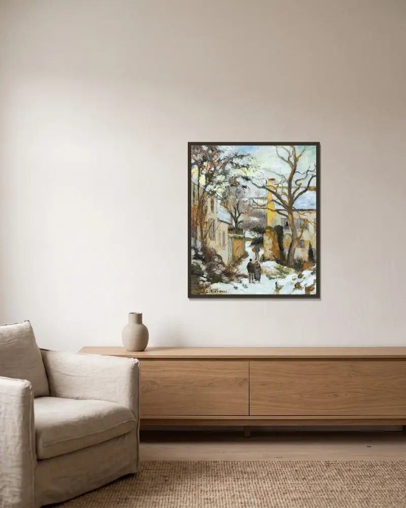 Rondest-huset under snön, Pontoise av Camille Pissarro inramad på en vägg