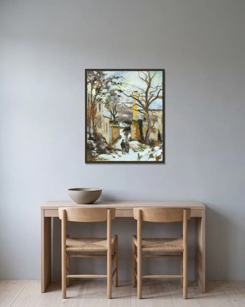 Rondest-huset under snön, Pontoise av Camille Pissarro inramad på en vägg