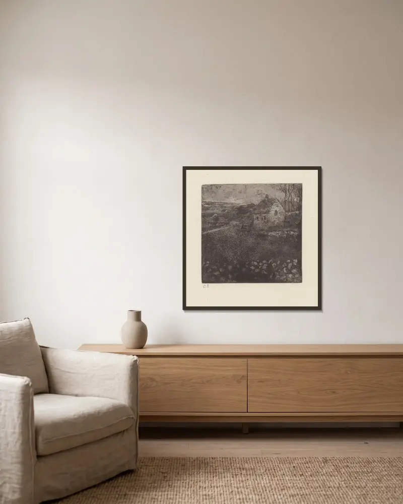 Die verfallene Hütte von Camille Pissarro gerahmt an einer Wand