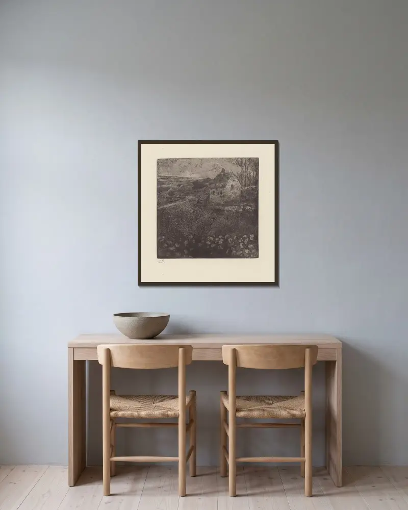 Die verfallene Hütte von Camille Pissarro gerahmt an einer Wand