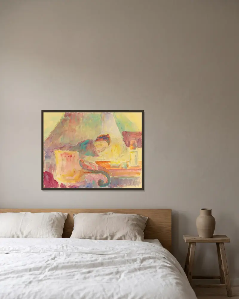 Konstnärens mor i sängen av Camille Pissarro inramad på en vägg