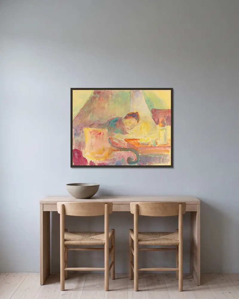 Konstnärens mor i sängen av Camille Pissarro inramad på en vägg
