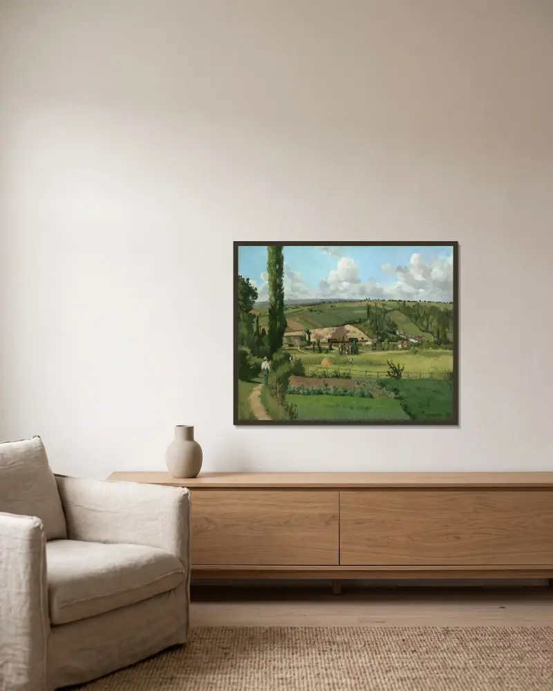 Landschaft bei Les Pâtis, Pontoise von Camille Pissarro gerahmt an einer Wand