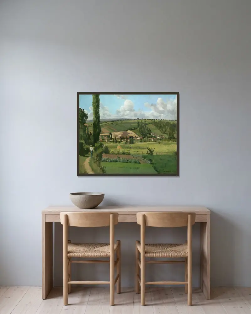 Landschaft bei Les Pâtis, Pontoise von Camille Pissarro gerahmt an einer Wand