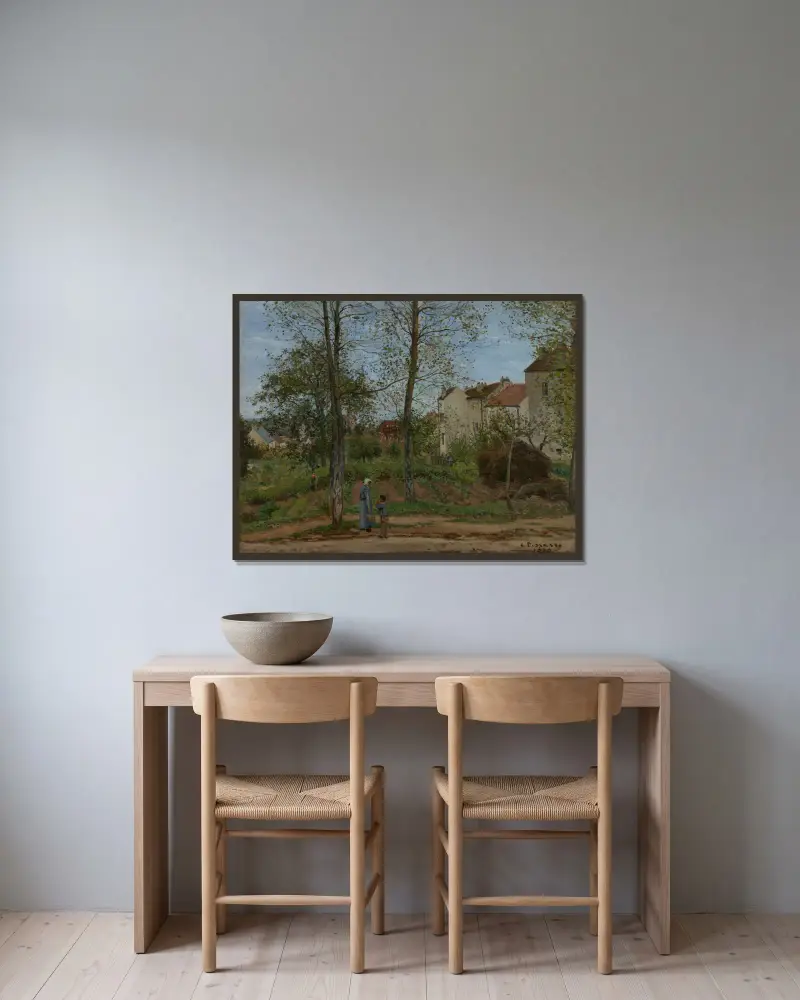 Landskap vid Louveciennes av Camille Pissarro inramad på en vägg