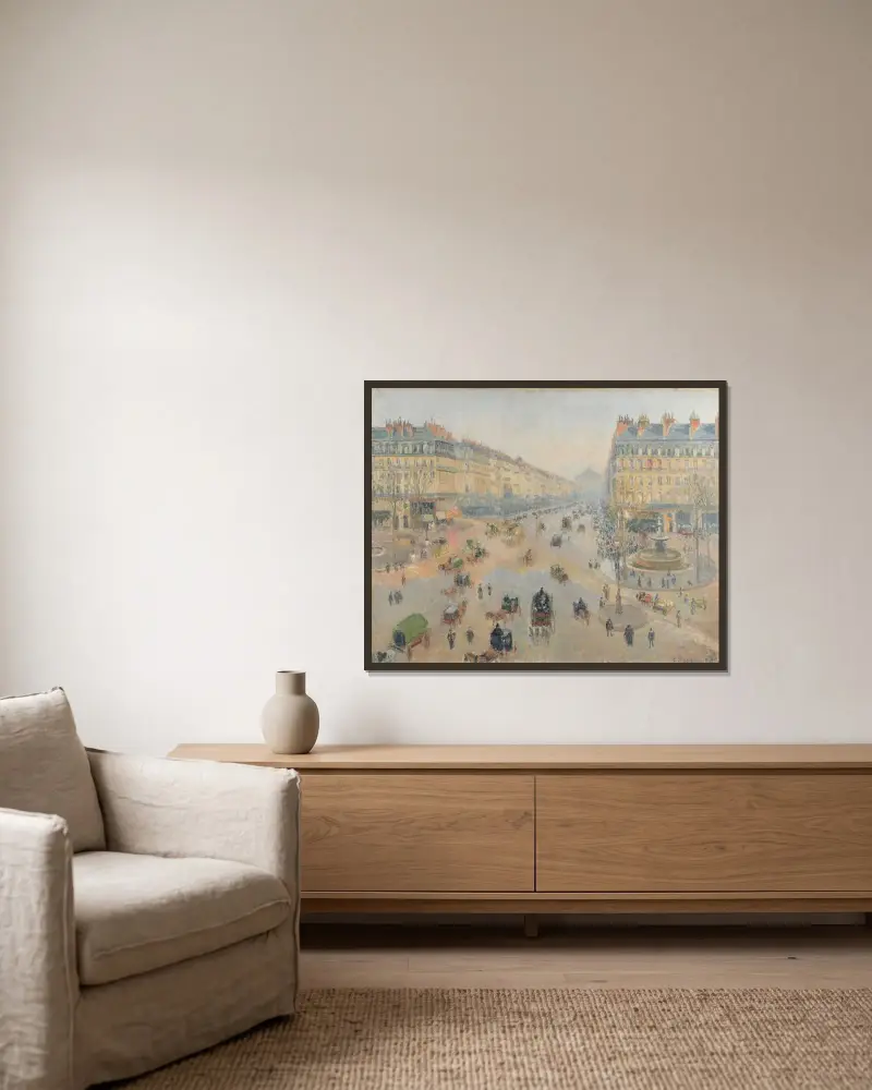 L'avenue de l'Opéra av Camille Pissarro inramad på en vägg