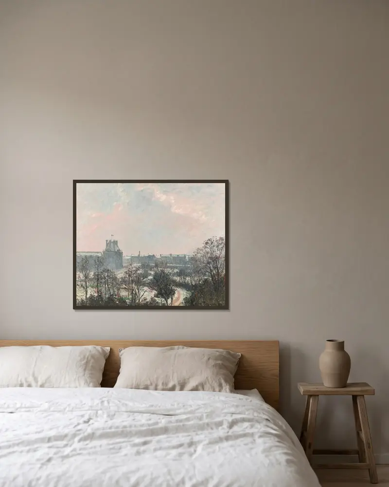 Tuileriträdgården och Florepaviljongen, snöeffekt av Camille Pissarro inramad på en vägg