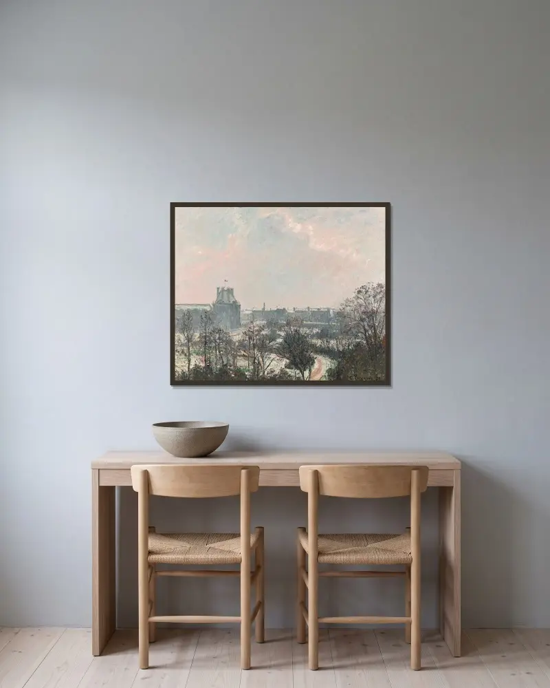 Tuileriträdgården och Florepaviljongen, snöeffekt av Camille Pissarro inramad på en vägg