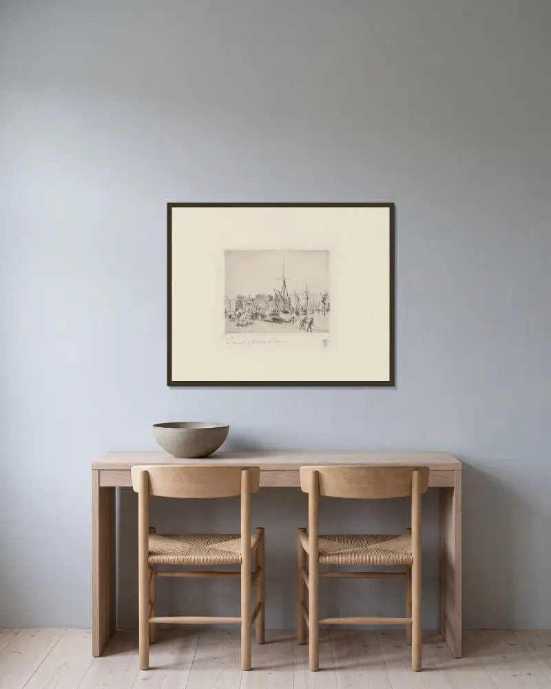 Hamnen vid tullhuset i Rouen av Camille Pissarro inramad på en vägg