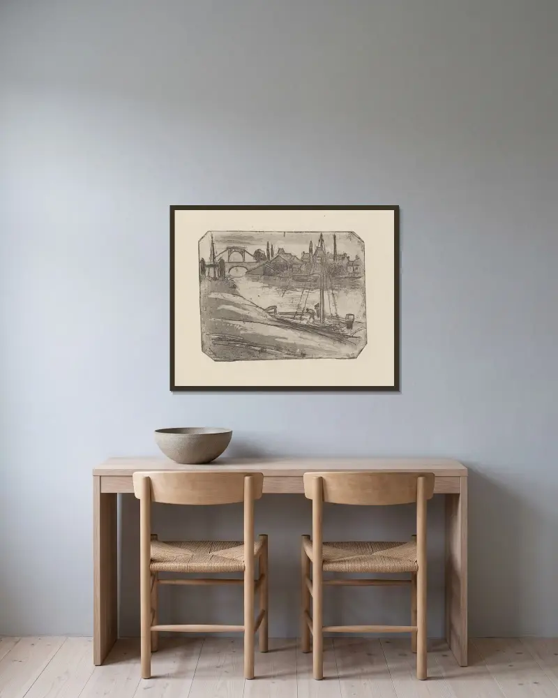 Les berges à Rouen av Camille Pissarro inramad på en vägg