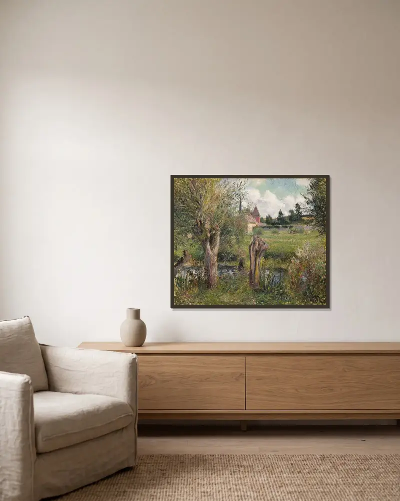 Die Ufer der Epte bei Éragny von Camille Pissarro gerahmt an einer Wand