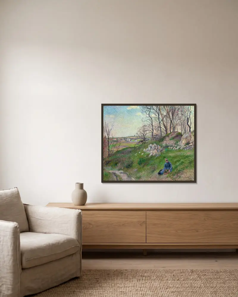 Stenbrotten vid Chou, Pontoise av Camille Pissarro inramad på en vägg
