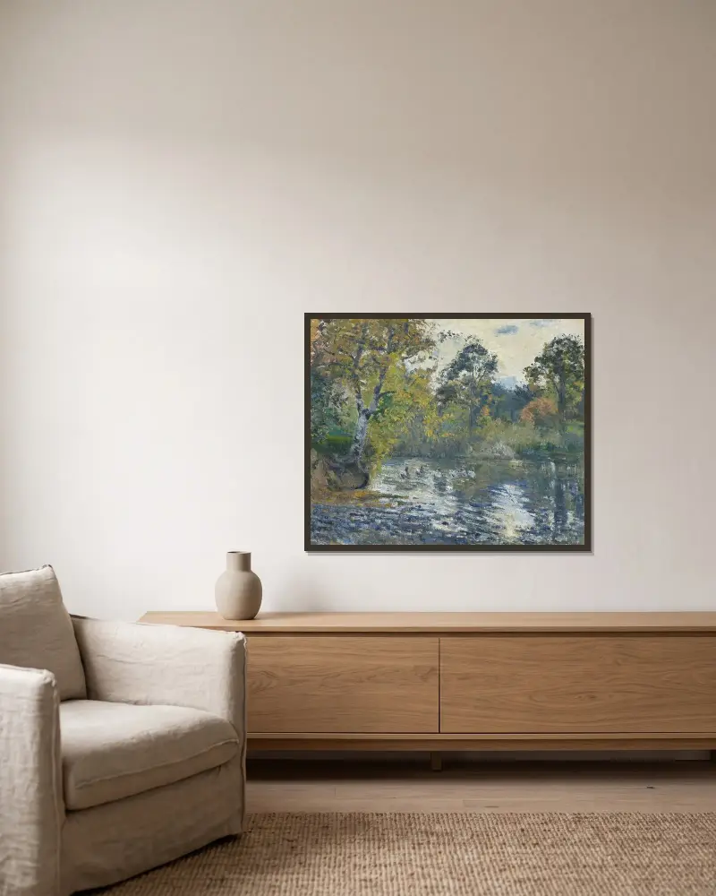 Dammen vid Montfoucault av Camille Pissarro inramad på en vägg