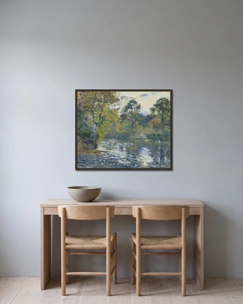 Dammen vid Montfoucault av Camille Pissarro inramad på en vägg