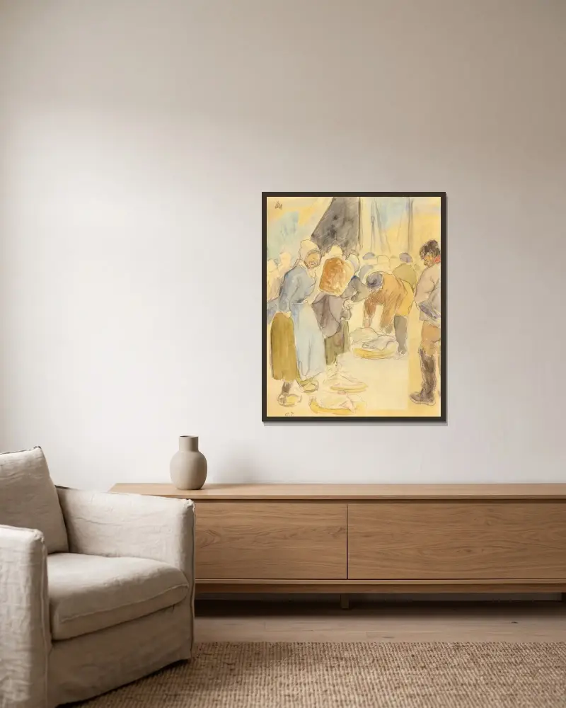 Fiskmarknaden i Dieppe av Camille Pissarro inramad på en vägg