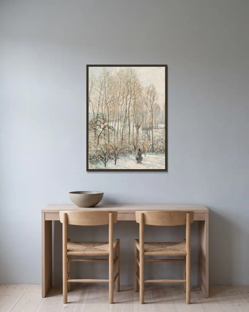 Morgensonne auf dem Schnee, Eragny-sur-Epte von Camille Pissarro gerahmt an einer Wand