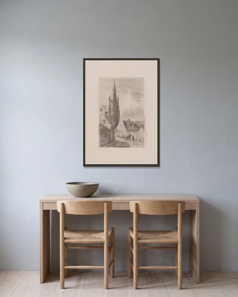 Notre-Dame i Brygge av Camille Pissarro inramad på en vägg