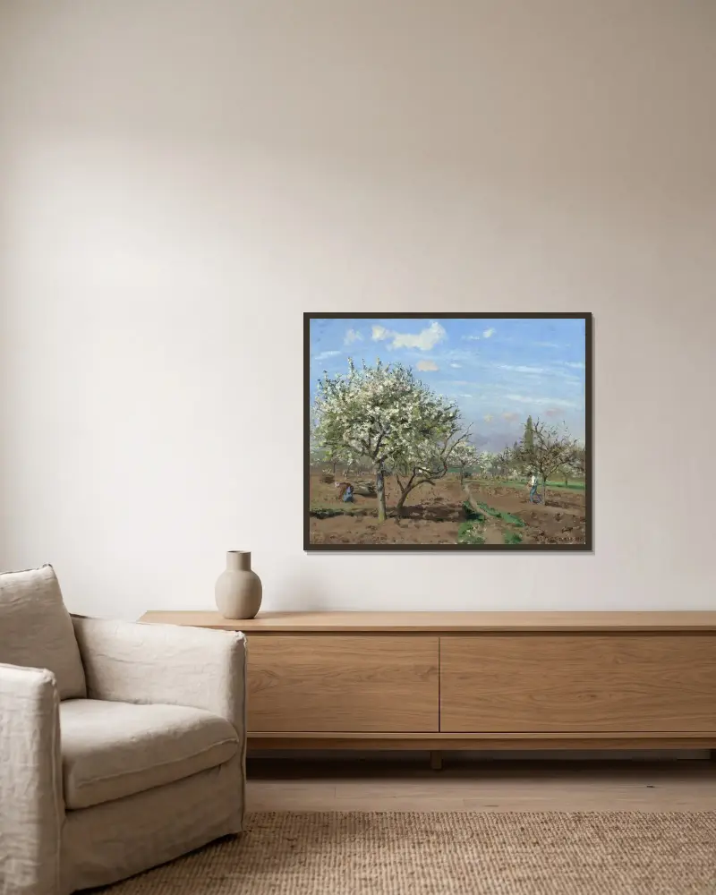 Blommande fruktträdgård, Louveciennes av Camille Pissarro inramad på en vägg
