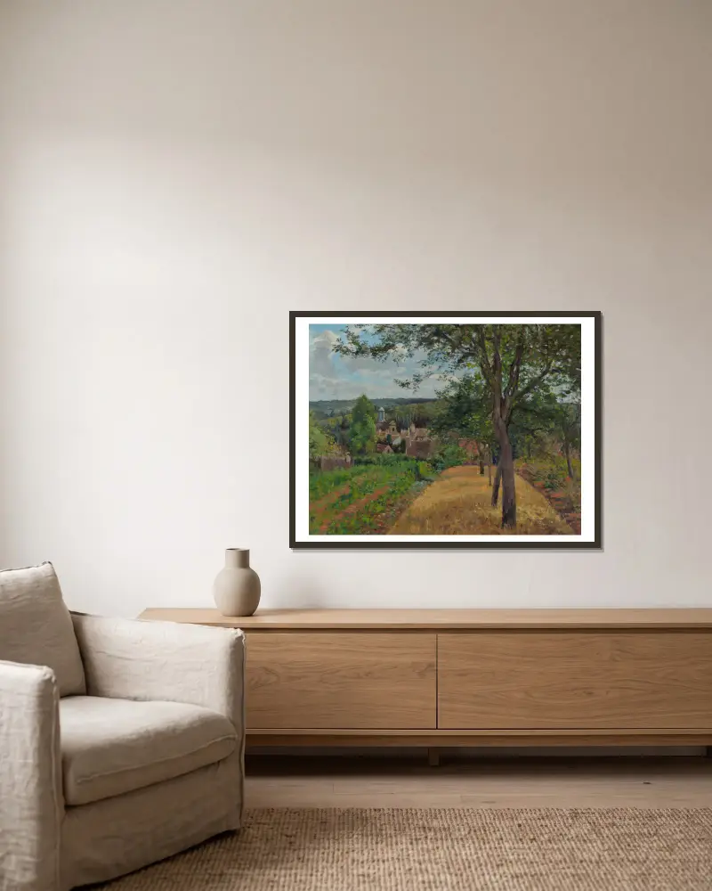 Orchards at Louveciennes av Camille Pissarro inramad på en vägg
