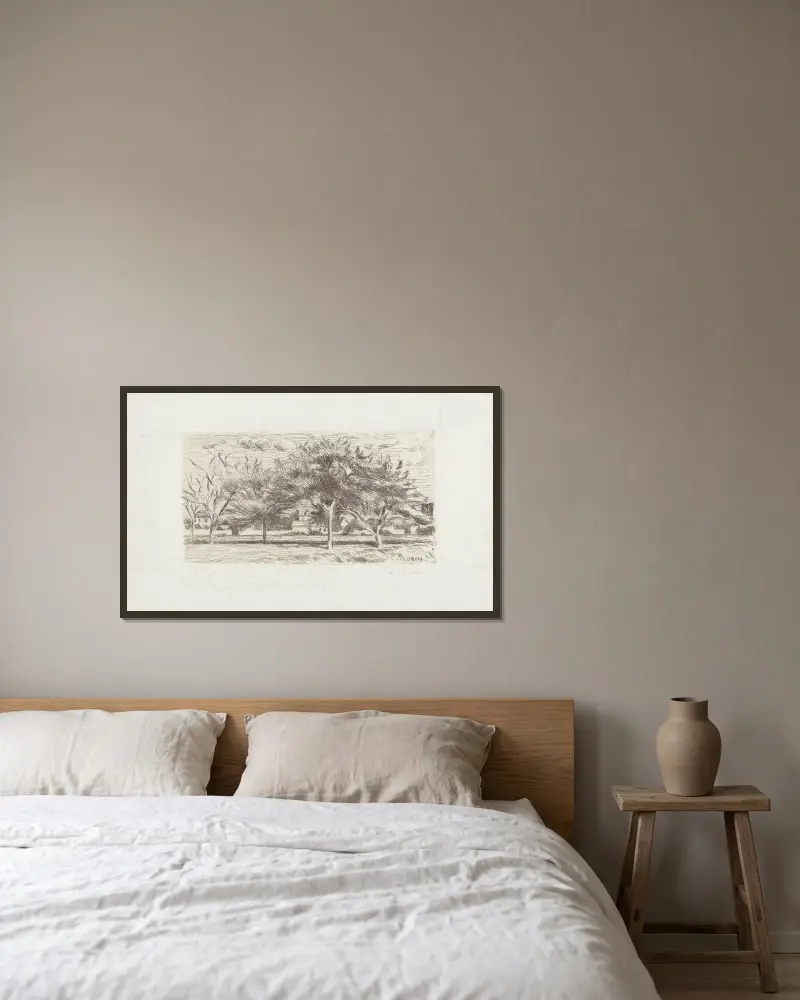 Landschaft bei Pontoise (Apfelbäume) von Camille Pissarro gerahmt an einer Wand