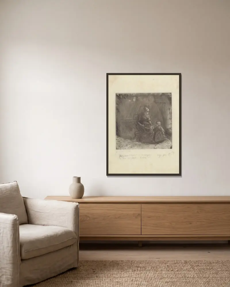 Bondkvinna som matar ett barn av Camille Pissarro inramad på en vägg