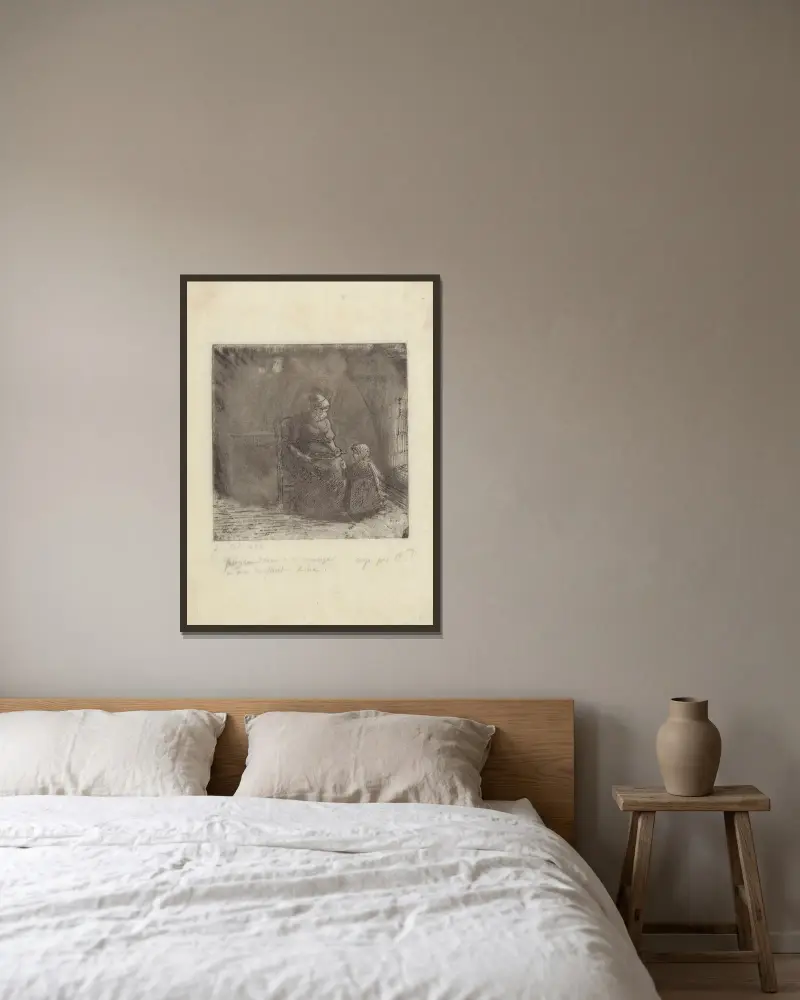 Bondkvinna som matar ett barn av Camille Pissarro inramad på en vägg