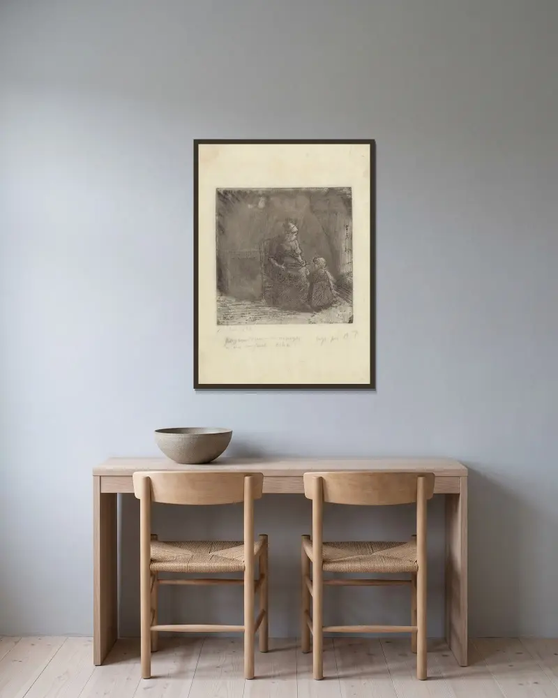 Bondkvinna som matar ett barn av Camille Pissarro inramad på en vägg