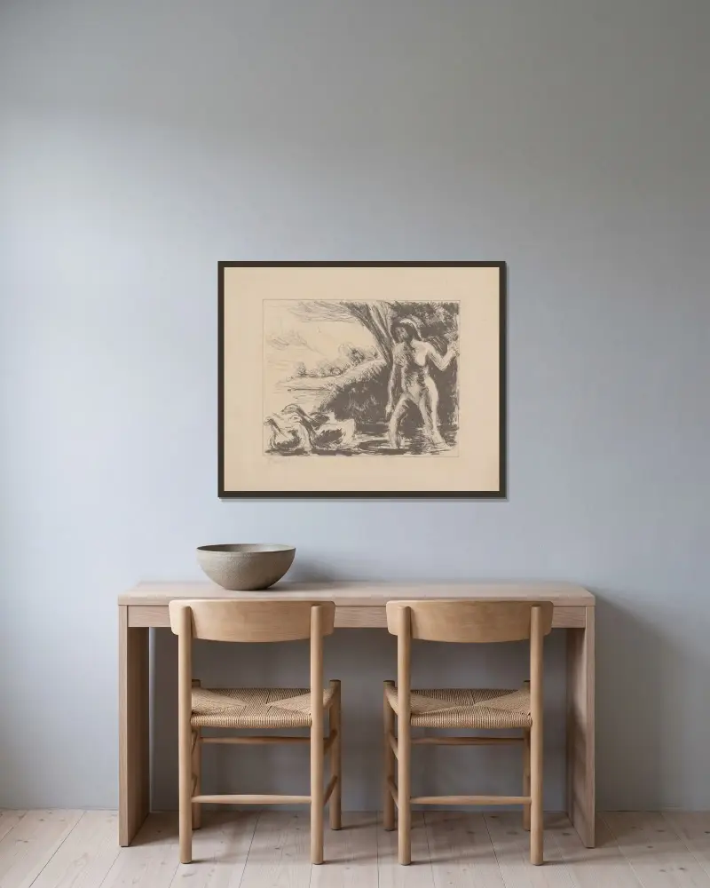 Naken bondkvinna jagande gäss av Camille Pissarro inramad på en vägg