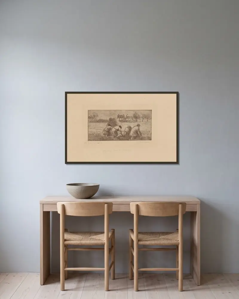 Bönder på fälten av Camille Pissarro inramad på en vägg