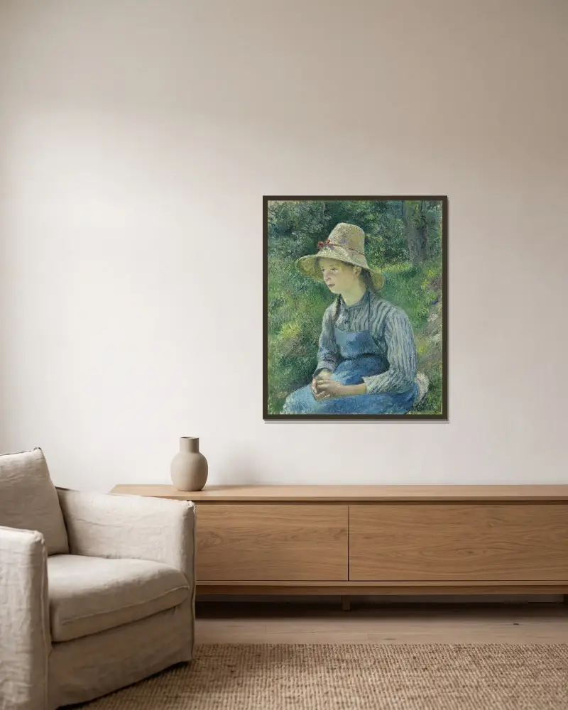 Bauernmädchen mit Strohhut von Camille Pissarro gerahmt an einer Wand