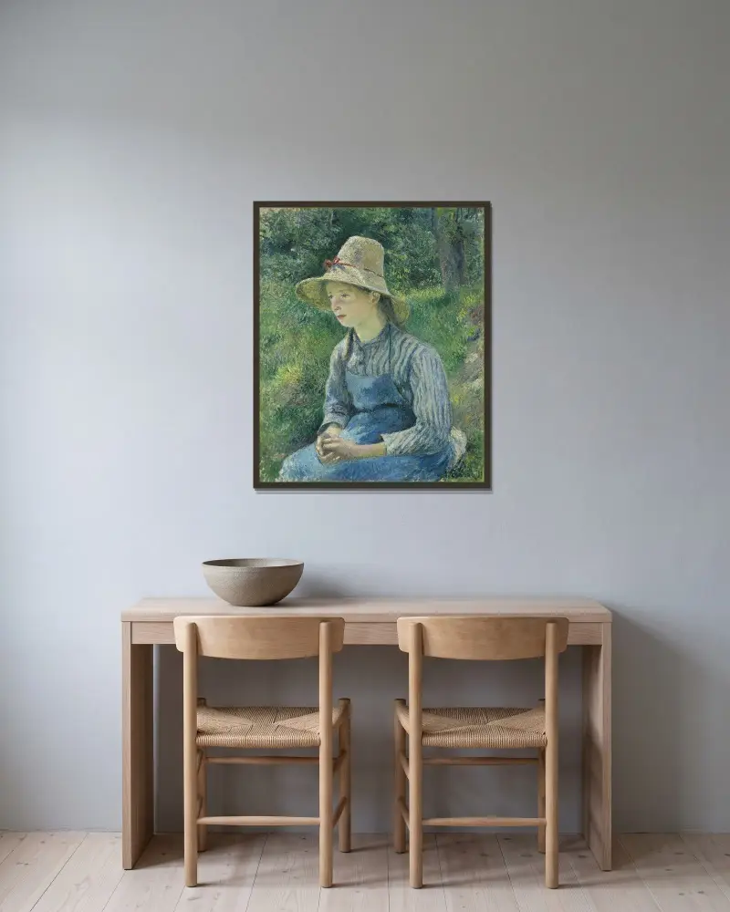 Bauernmädchen mit Strohhut von Camille Pissarro gerahmt an einer Wand