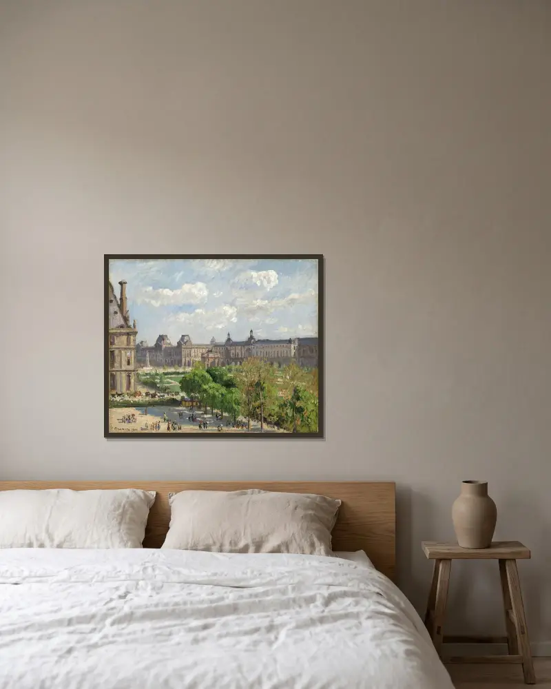 Place du Carrousel, Paris av Camille Pissarro inramad på en vägg