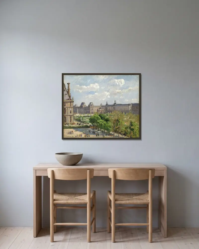 Place du Carrousel, Paris av Camille Pissarro inramad på en vägg