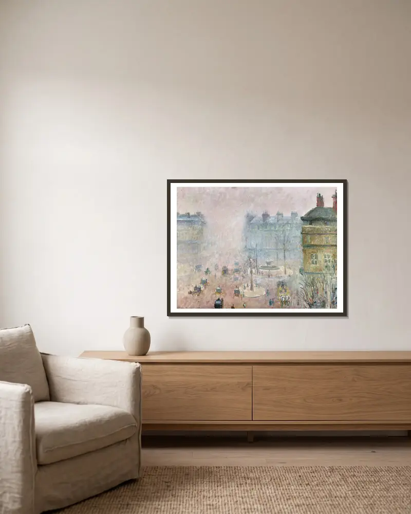 Place du Theatre Francais,Fog Effect av Camille Pissarro inramad på en vägg